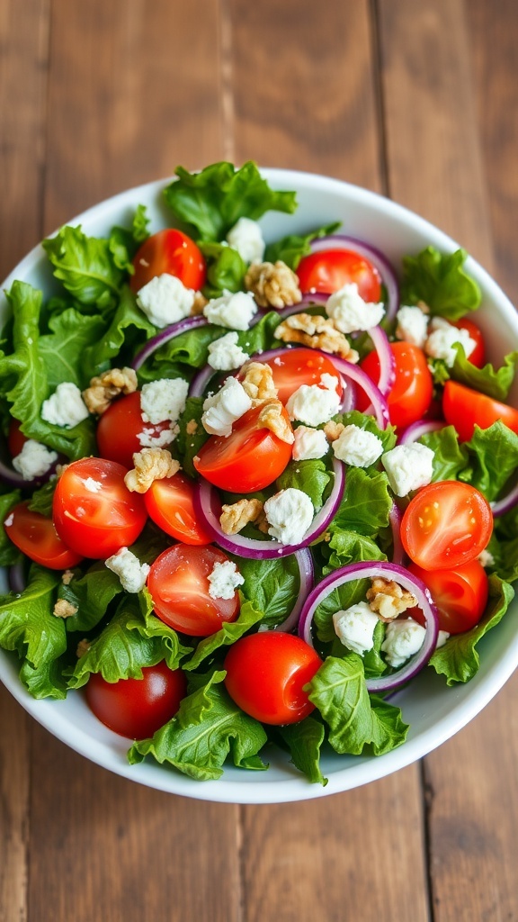 A fresh kale and tomato salad with cherry tomatoes, red onions, feta cheese, and walnuts on a rustic wooden table.